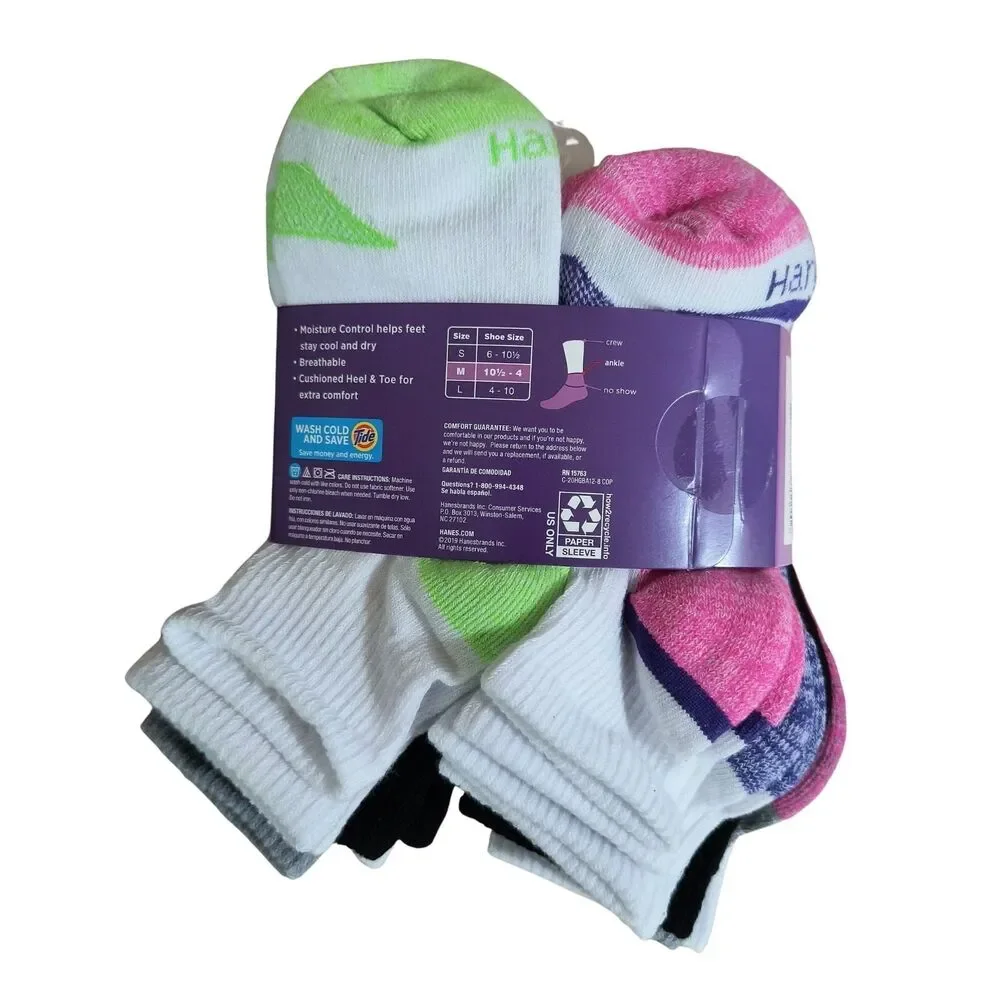 Hanes Girls Ankle Socks M Shoe 10.5-4 Cool Comfort Cushioned 12 Pack Assorted